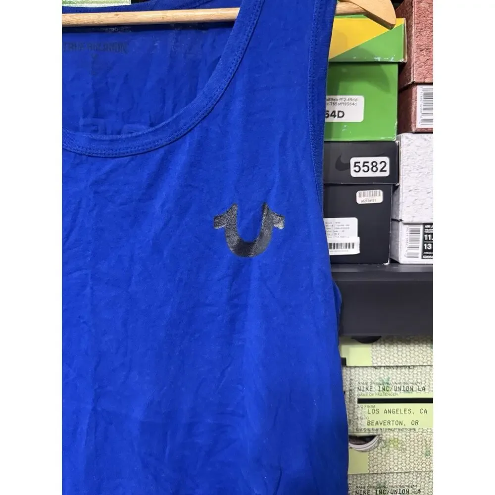 True Religion Sleeveless T-Shirt Blue Black Tank Top Logo Men Size Medium